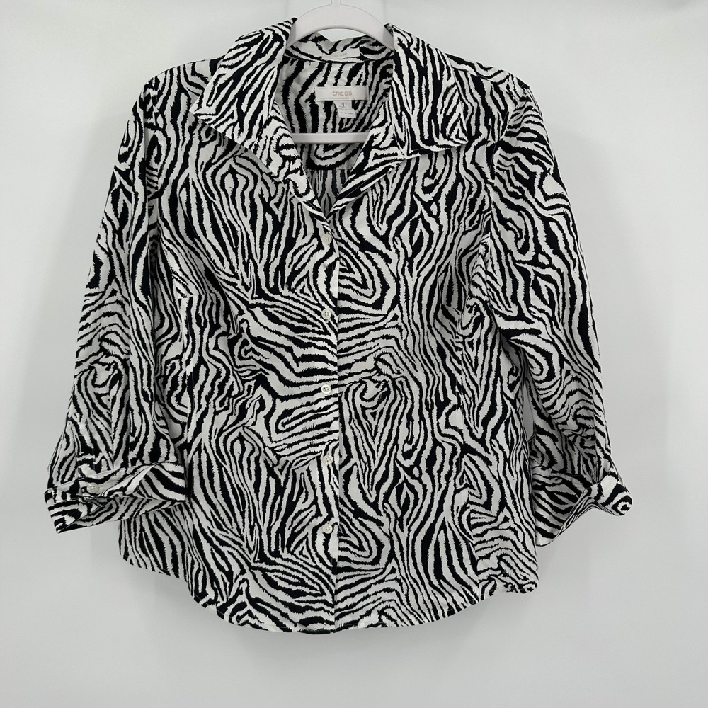 Chicos Womens No‎ Iron Zebra Print Button Down Shirt Top Sz 1 US M Safari Office